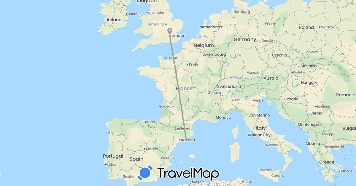 TravelMap itinerary: driving, plane in Spain, United Kingdom (Europe)